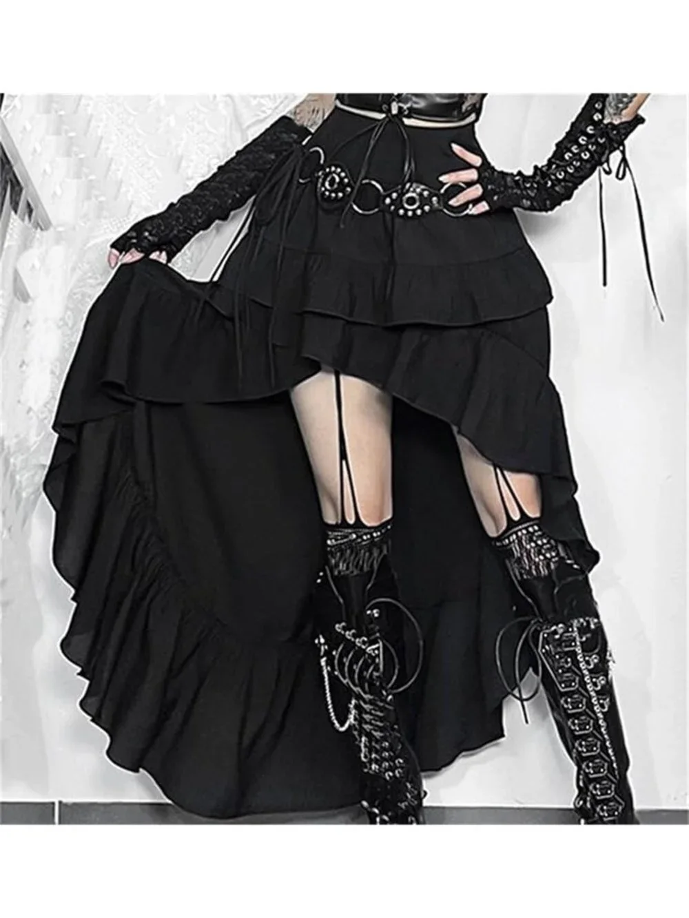 Gothic Tiered Maxi Skirt Asymmetrical High Waist Y2K Punk Grunge